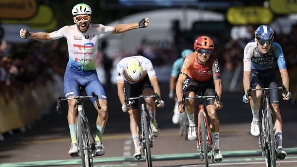 Anthony Turgis celebrates on the line after a pulsating Stage 9 of the Tour de France