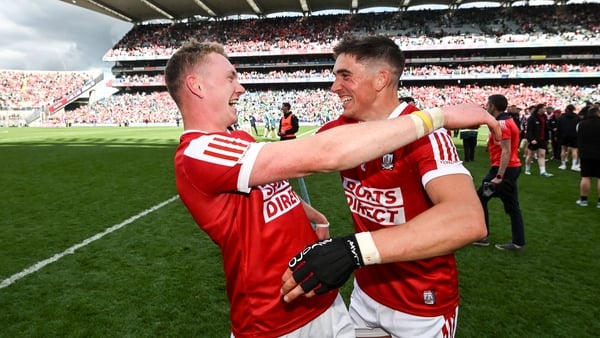 Shane Barrett, left, and Ciarán Joyce celebrate Cork's win