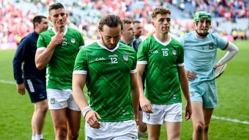 (L-R) Limerick players Gearóid Hegarty, Tom Morrissey, David Reidy and Nickie Quaid after losing the 2024 All-Ireland SHC semi-final to Cork