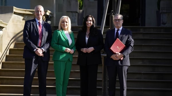 (L-R) Northern Ireland Secretary Hilary Benn, First Minister Michelle O'Neill, deputy First Minister Emma Little-Pengelly and Prime Minister Keir Starmer at Stormont Castle