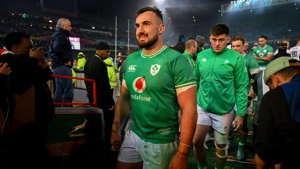 Rónan Kelleher (c), with his injured team-mate Dan Sheehan behind him after Saturday's 27-20 defeat to South Africa