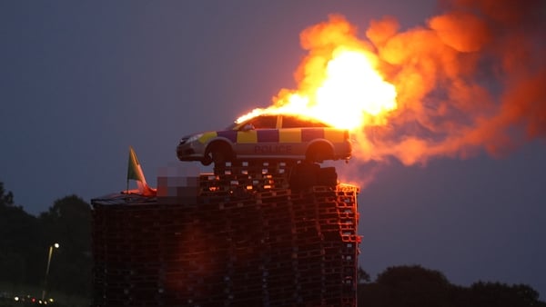 A mock police car was burned on the top of a bonfire near Dungannon