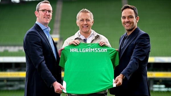 FAI interim CEO David Courell, Republic of Ireland head coach Heimir Hallgrímsson and FAI director of football Marc Canham pose for photographers at the Aviva Stadium