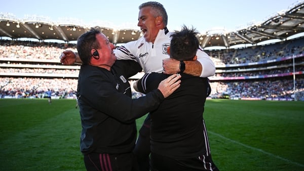 Galway manager Pádraic Joyce celebrates with members of his staff after beating Dublin