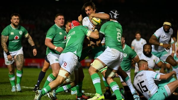 Josh van der Flier and Caelan Doris tackle South Africa's Eben Etzebeth during last week's first Test