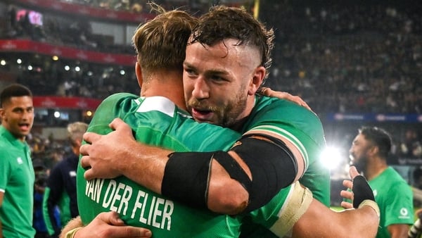 Ireland captain Caelan Doris embraces Josh van der Flier after the final whistle