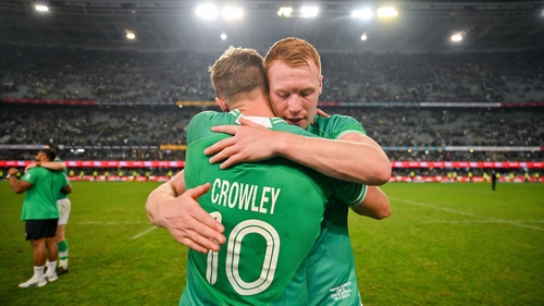 Ciarán Frawley, right, celebrates with team-mate Jack Crowley who he replaced with 21 minutes to go in Durban