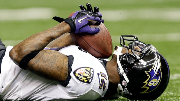 Jacoby Jones catches a 56-yard pass for the Ravens before running in for the touchdown in the second quarter against the 49ers during Super Bowl XLVII in 2013