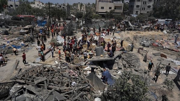 The devastation caused by an Israeli strike on a refugee camp in Gaza, near the city of Khan Yunis