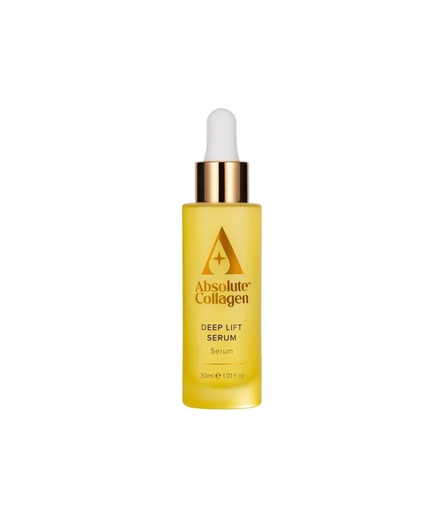 A yellow glass bottle of collagen serum