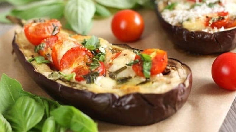 Neven's Recipes - Roasted Stuffed Aubergines Topped with Goat’s Cheese and Cherry Tomatoes