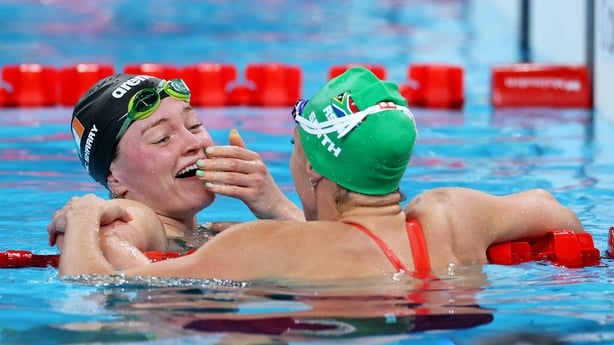 Tatjana Smith of Team South Africa and Mona McSharry of Team Ireland celebrate after winning the Gold and Bronze medals in the Women s 100m Breaststroke Final