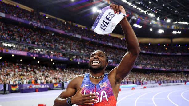 Noah Lyles of Team United States celebrates winning the gold medal in the Men's 100m Final on day nine of the Olympic Games Paris 2024 at Stade de France on August 04, 2024 in Paris, France. (Photo by Christian Petersen/Getty Images)