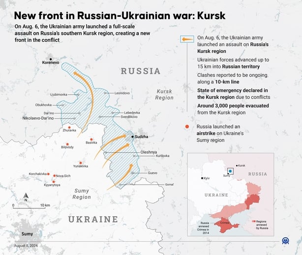 A map detailing the incursion into the Kursk region