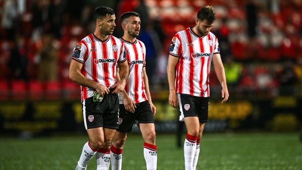 Derry City players Patrick Hoban (L), Michael Duffy and Will Patching after their side's draw with Dundalk in the League of Ireland Premier Divison