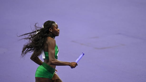 Rhasidat Adeleke of Team Ireland during the women's 4 x 400m relay final at the Stade de France during the 2024 Paris Summer Olympic Games in Paris, France. (Photo By Brendan Moran/Sportsfile via Getty Images)