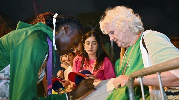 Rhasidat Adeleke of Ireland signs an autograph for former Athletics Ireland president Georgina Drumm during day four of the 2024 European Athletics Championships at the Stadio Olimpico in Rome, Italy. (Photo By Sam Barnes/Sportsfile via Getty Images)