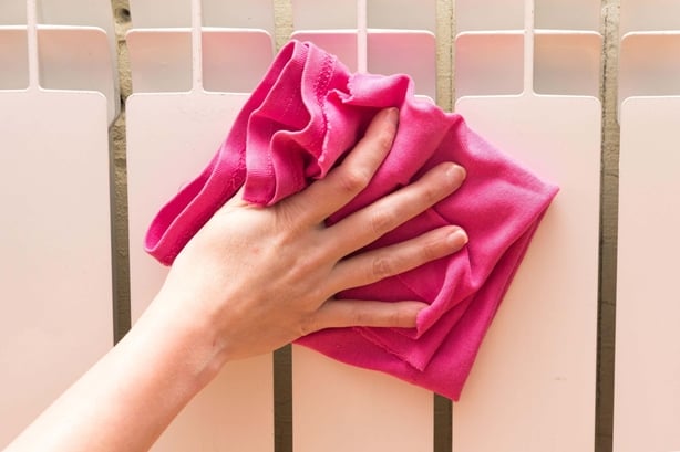 A woman wiping a radiator will a pink rag