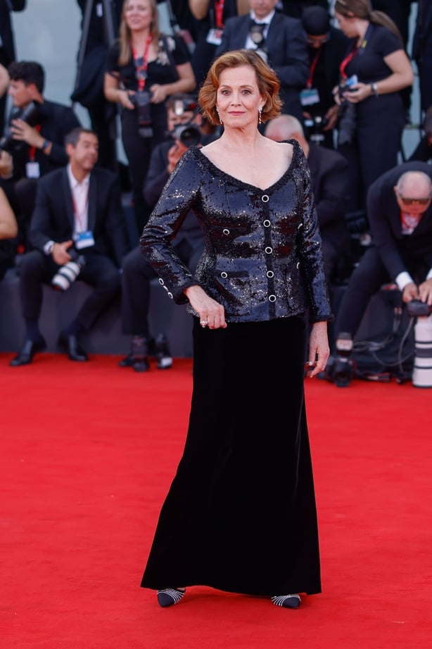Sigourney Weaver poses for photographers upon arrival for the premiere of the film 'Beetlejuice Beetlejuice'