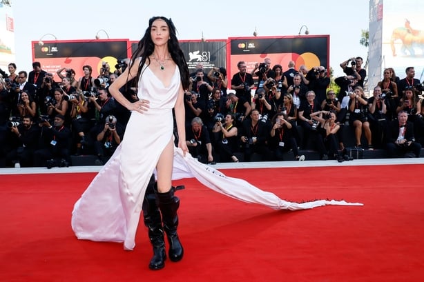 Mariacarla Boscono poses for photographers upon arrival for the premiere of the film 'Beetlejuice Beetlejuice' 