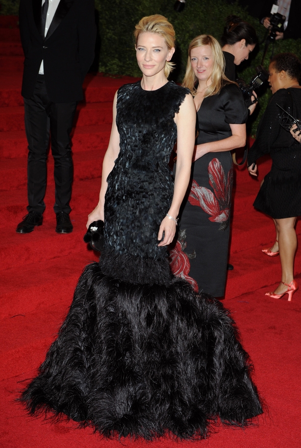 Cate Blanchett wears black feather gown on red carpet