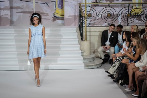 Models on the catwalk during the Paul Costelloe show in the Palm Court at the Waldorf hotel