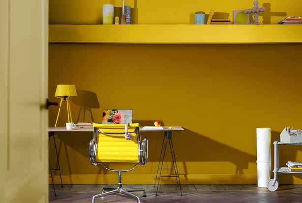 Living space with home office painted in Dulux Paint Mixing Matt, True Joy