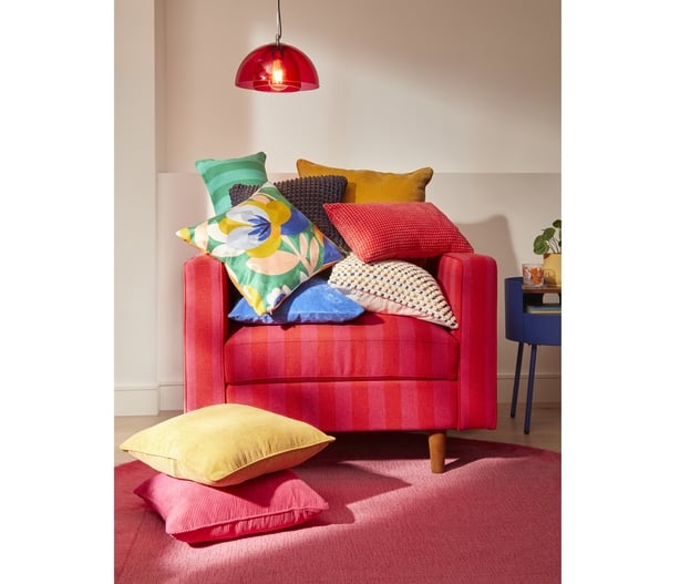 Elements Fieldsley Floral Crewel Square Cushion, (centre left), Chenille Spot Rectangular Cushion in Pink, (centre right), Elements Munro Pendant Light in Pink, Dunelm 