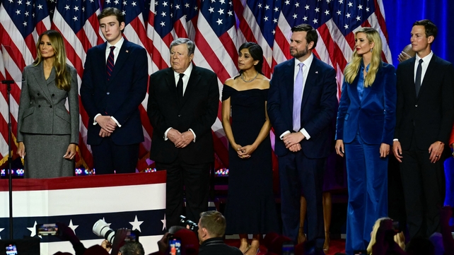 Melania Trump, Barron Trump, Viktor Knavs, Republican vice presidential candidate JD Vance and his wife Usha Vance, Ivanka Trump and her husband Jared Kushner watch on as Donald Trump addresses his supporters