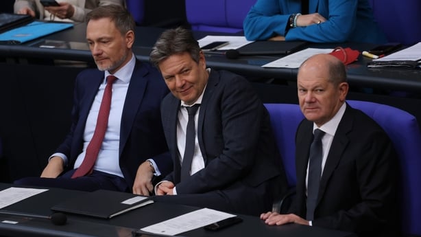 Former German Federal Finance Minister Christian Lindner, (L) Economy and Climate Action Minister Robert Habeck (C) and Chancellor Olaf Scholz in January
