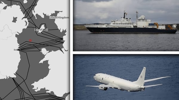 Left: The Yantar's last confirmed location. Top: The Yantar (mil.ru) Bottom: British RAF P8 Surveillance plane