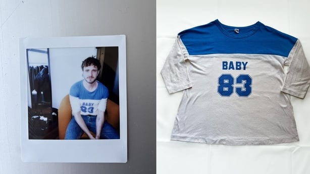 Polaroid of Paul Mescal in blue and white baby tee