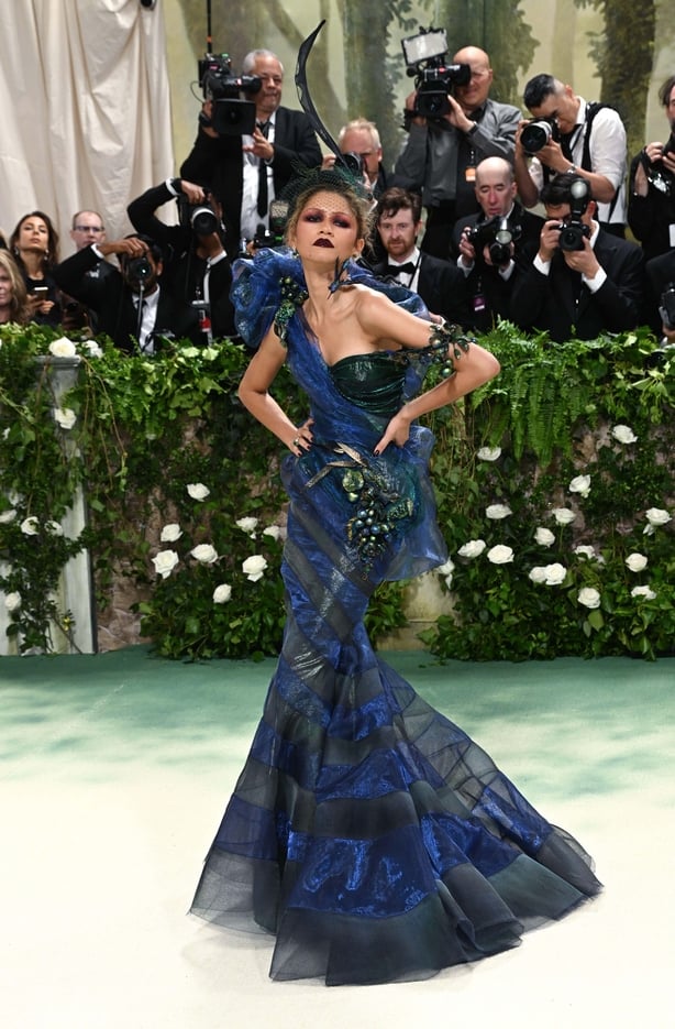 Zendaya poses in blue and green sheer corset dress