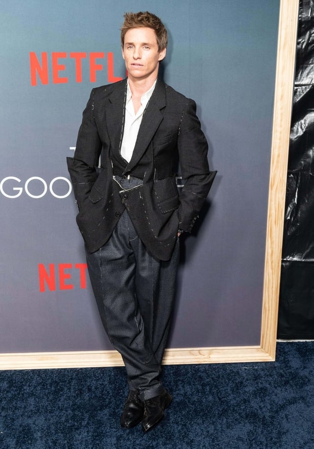 Eddie Redmayne wearing suit by Maison Margiela attends Netflix premiere of Good Nurse at Paris Theater on October 18, 2022