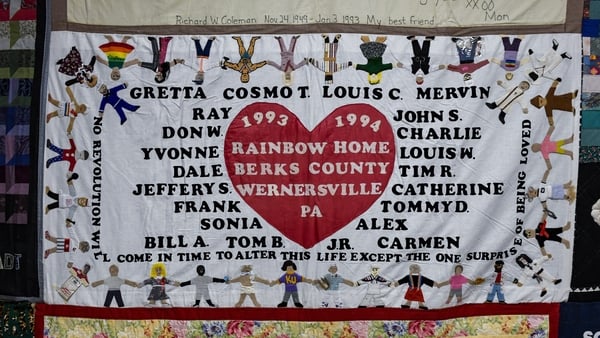 One of the panels of the AIDS quilt on display. Getty Images