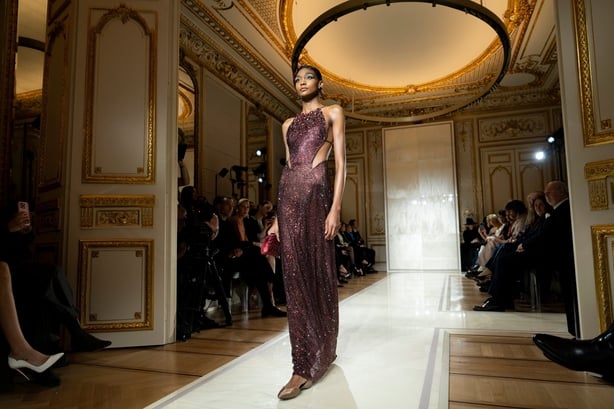 A model wears a creation as part of the Giorgio Armani Prive Haute Couture Spring Summer 2025 collection, that was presented in Paris, Tuesday, Jan. 28, 2025