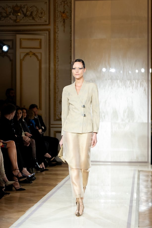 A model wears a creation as part of the Giorgio Armani Prive Haute Couture Spring Summer 2025 collection, that was presented in Paris, Tuesday, Jan. 28, 2025.