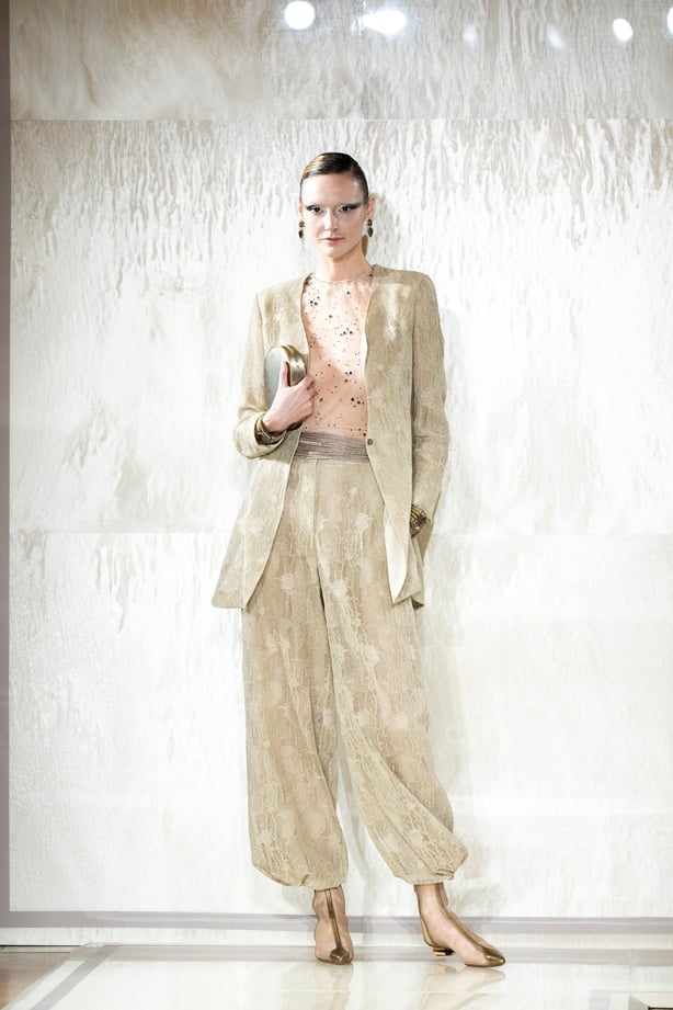 A model wears a creation as part of the Giorgio Armani Prive Haute Couture Spring Summer 2025 collection, that was presented in Paris, Tuesday, Jan. 28, 2025.