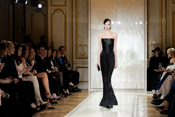 A model wears a creation as part of the Giorgio Armani Prive Haute Couture Spring Summer 2025 collection, that was presented in Paris, Tuesday, Jan. 28, 2025.