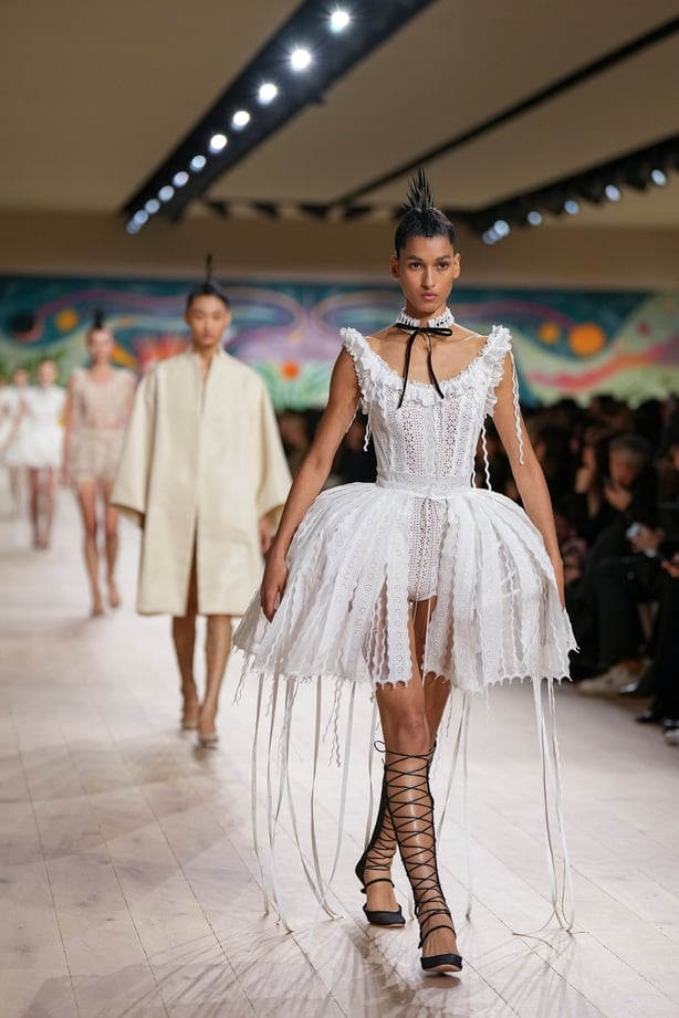 A model wears a creation as part of the Christian Dior Haute Couture Spring Summer 2025 collection, that was presented in Paris, Monday, Jan. 27, 2025.