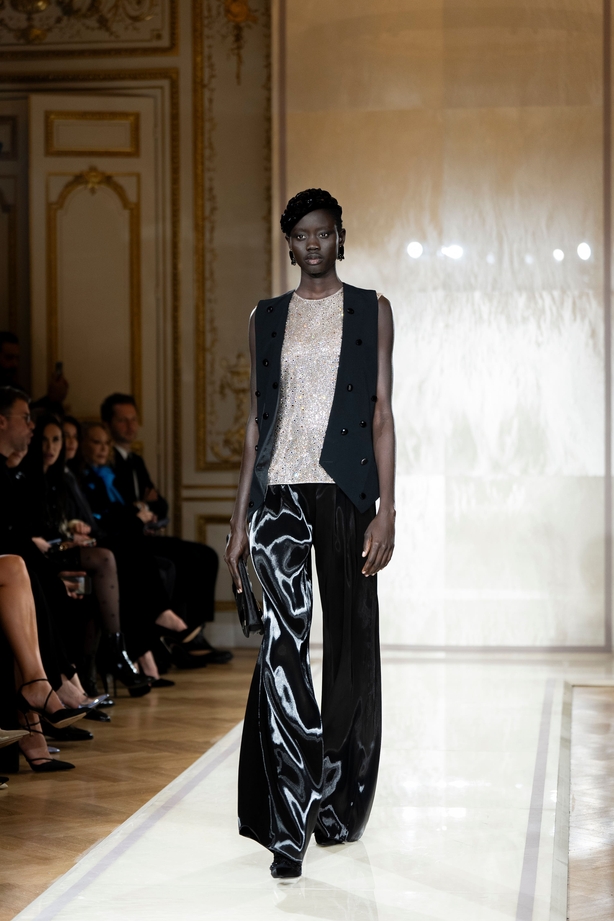 A model wears a creation as part of the Giorgio Armani Prive Haute Couture Spring Summer 2025 collection, that was presented in Paris, Tuesday, Jan. 28, 2025
