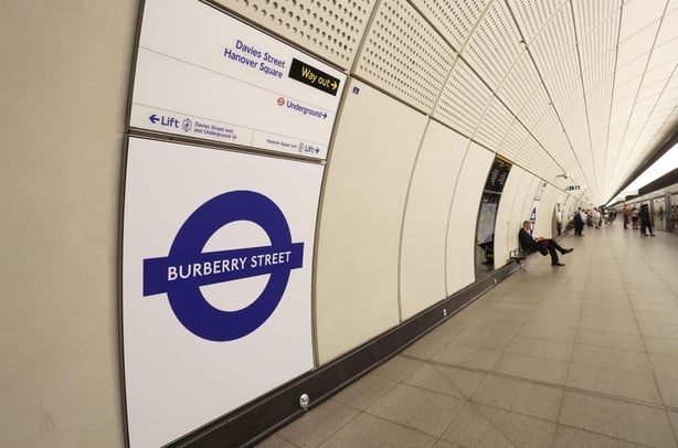 Bond Street station has been transformed into Burberry Street station for the duration of London Fashion Week. The signs feature 'knight blue' a hue introduced by Chief Creative Officer Daniel Lee, as one of Burberry's new symbols of the house, UK
