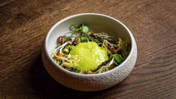 Niklas Ekstedt's grilled English asparagus with ember-baked leek purée, peas and mushroom