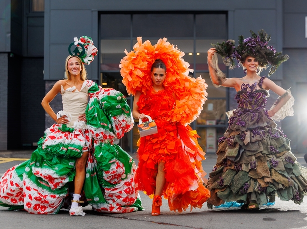 Junk Kouture alumnus Eve Nelson in her specially commissioned EUROSPAR design; former Dublin City Finalist Kendallture made from wire hangers and plastic bags from a dry cleaners and inspired by Kendall Jenner Met Gala look and the fast fashion crisis, modelled by Megan Ward, St. Louis Secondary School, Carrickmacross, Carrickmacross, Co. Monaghan and World Finalist Lady of the Landscape made from old duvets, prams from the bogland and 250 plastic bottles modelled by Eabha McGinley of Pobalscoil Chloich Cheannfhaola, Donegal. Pic: Jeff Harvey