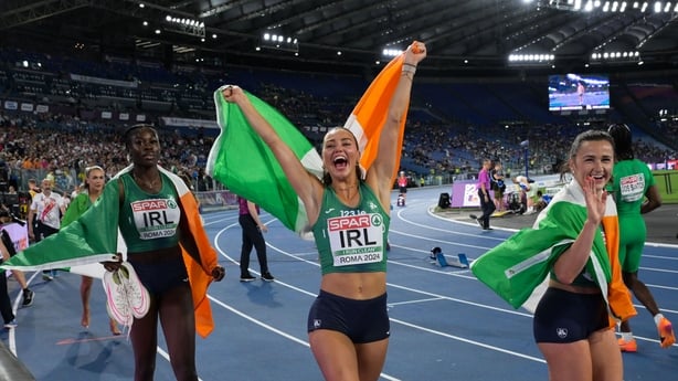 Irish women's relay team, Rhasidat Adeleke, Sophie Becker, Phil Healy, and Sharlene Mawdsley after finishing second in the women's 4x400m relay final during day six of the 26th European Athletics Championships - Rome 2024