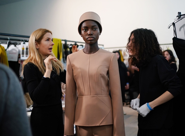 Models backstage ahead of the Emilia Wickstead show at Saatchi Gallery, London, during London Fashion Week. Picture date: Sunday February 23, 2025.