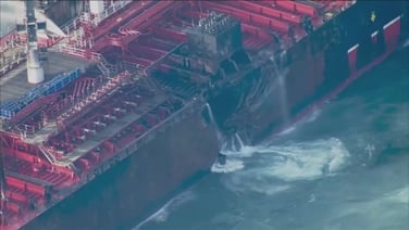 Aerial views show damage to oil tanker after North Sea collision