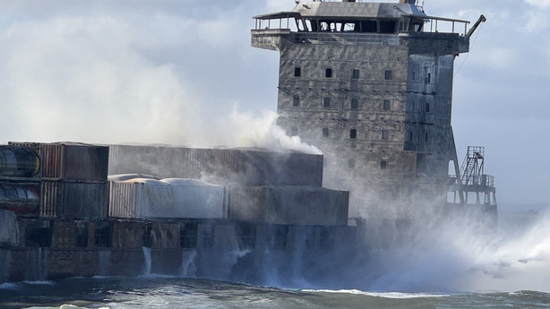 Smoke billowing from the MV Solong cargo ship in the North Sea today