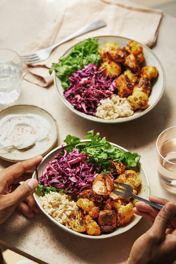 Salmon tikka bowls with quick fennel and cabbage pickle