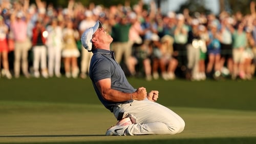An ecstatic Rory McIlroy celebrates a famous victory
